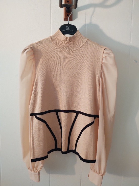 New York & Company Sweaters - NYT NY&C Medium Peach with Black Detailing Sheer Sleeves Mock Turtleneck Sweater
